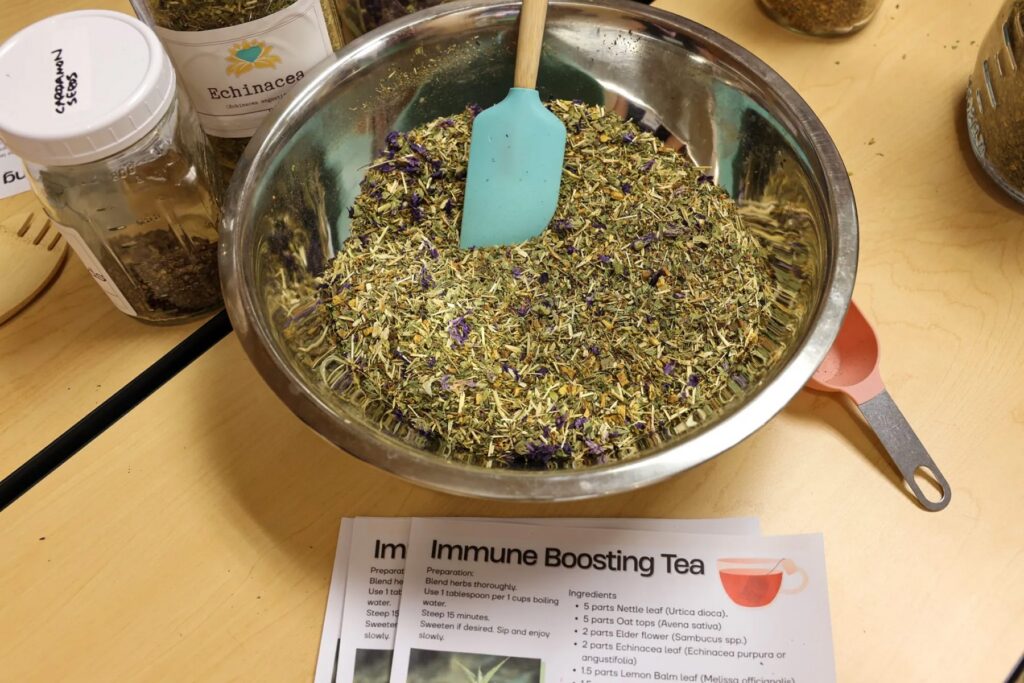 Attendees had the opportunity to help create tea blends, including this immune boosting tea, during the Indigenous Food Summit at Portland State University on September 10, 2026. (Photo by Nika Bartoo-Smith, Underscore Native News / ICT)