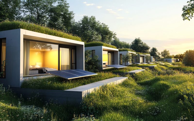 Modern eco-friendly homes with green roofs in lush landscape at sunset.