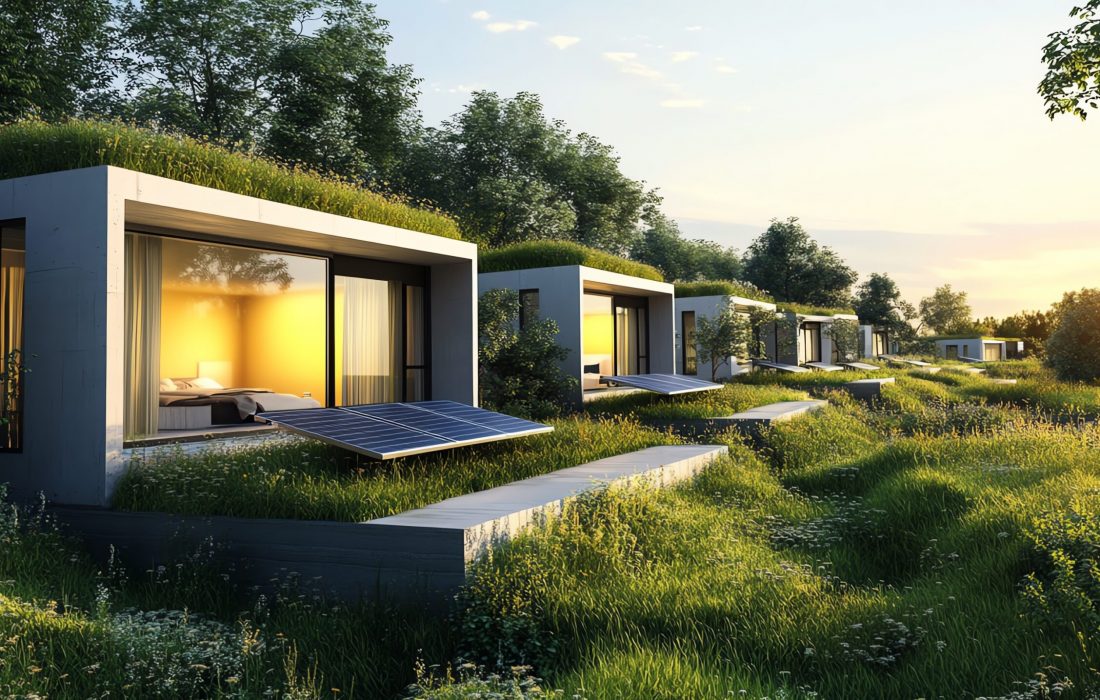 Modern eco-friendly homes with green roofs in lush landscape at sunset.