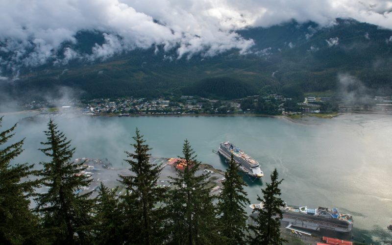 An aerial photo of Juneau Alaska featuring a large water source.