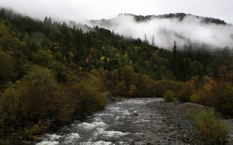 A misty river in California with green mountains